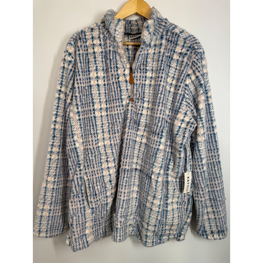 NWT Katydid Rabbit Faux Fur XXL 2X Plaid Quarter Zip Pullover Blue Cream‎ Jacket